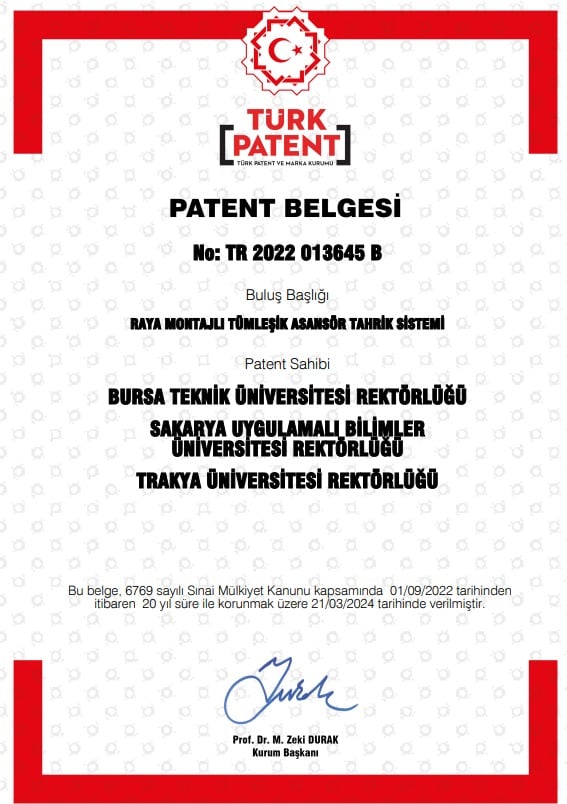 ”Raya Montajlı Tümleşik Asansör Tahrik Sistemi” Patent Aldı.